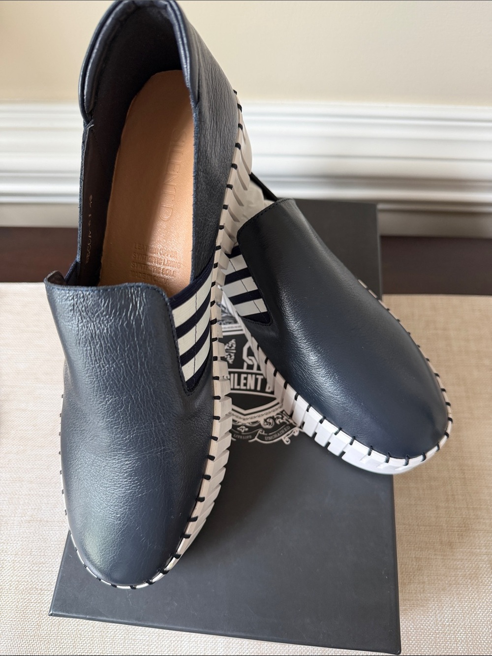 Silent D Women’s  Navy Slip-On Leather Platform Sneakers - White Sole - Picture 5 of 12